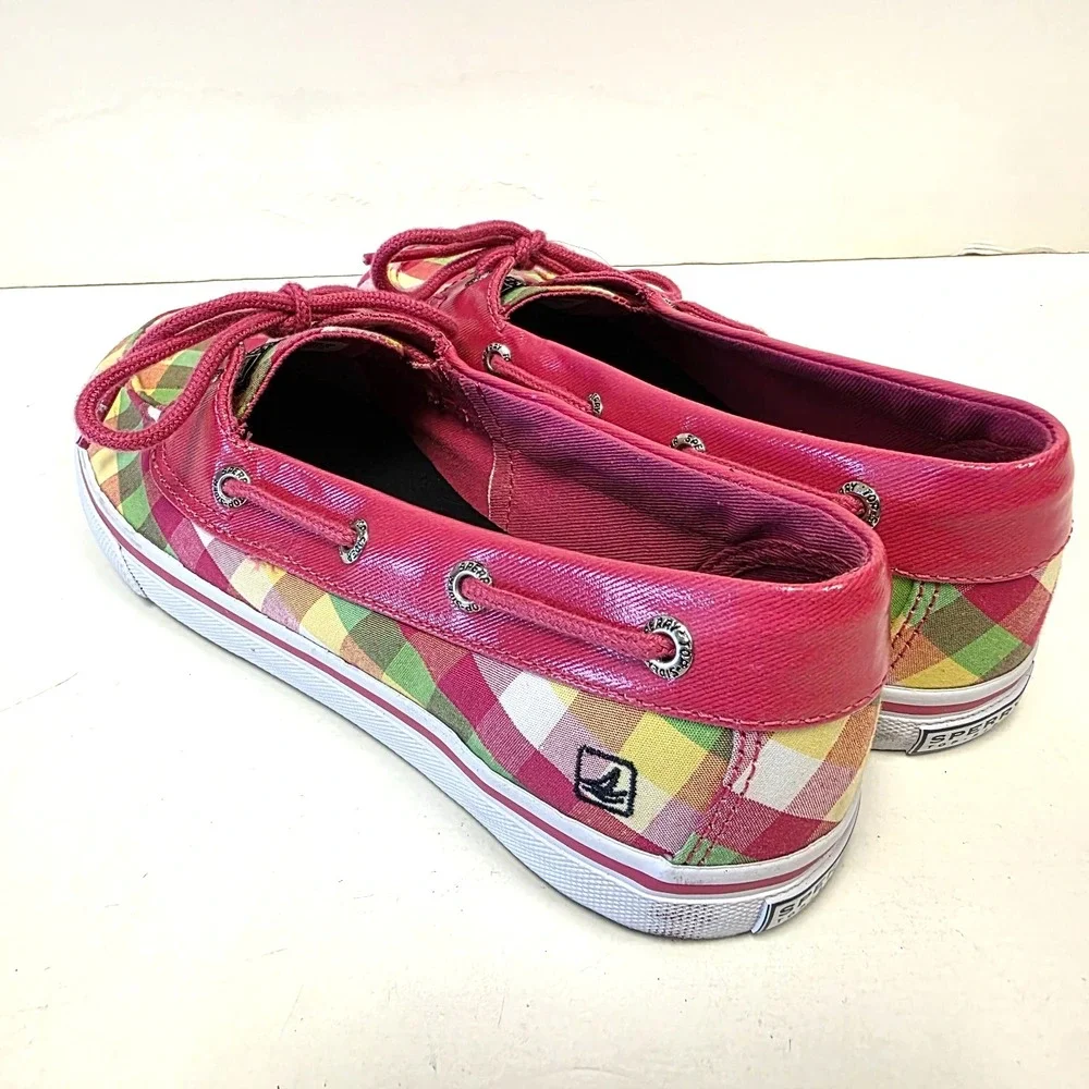 Sperry Top-Sider Pink Yellow Green Plaid Boat Loafer Shoes Size 4.5M Biscayne